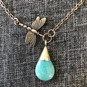 Sterling Silver Dragonfly Larimar or Amazonite Crystal Pendant